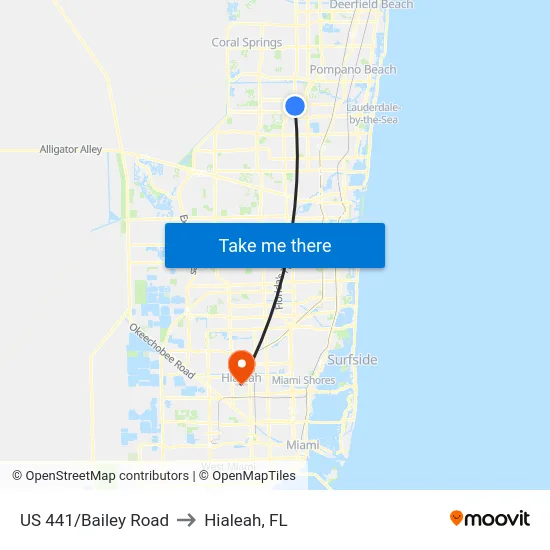 US 441/Bailey Road to Hialeah, FL map