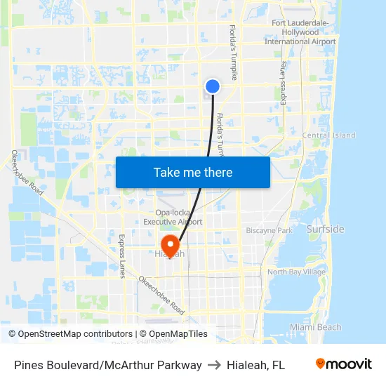 Pines Boulevard/McArthur Parkway to Hialeah, FL map