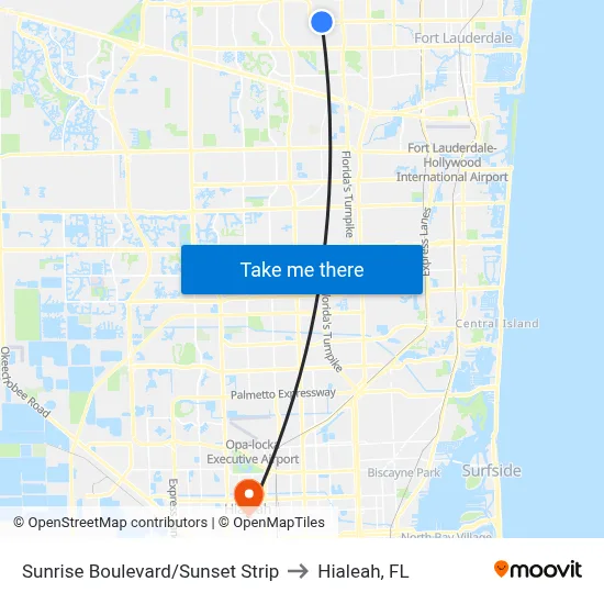 Sunrise Boulevard/Sunset Strip to Hialeah, FL map
