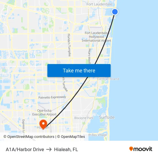 A1A/Harbor Drive to Hialeah, FL map