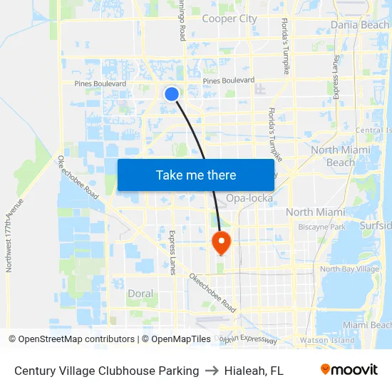 Century Village Clubhouse Parking to Hialeah, FL map