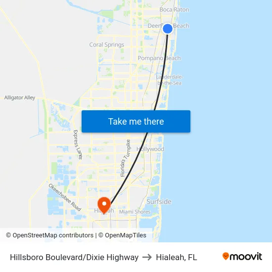 Hillsboro Boulevard/Dixie Highway to Hialeah, FL map