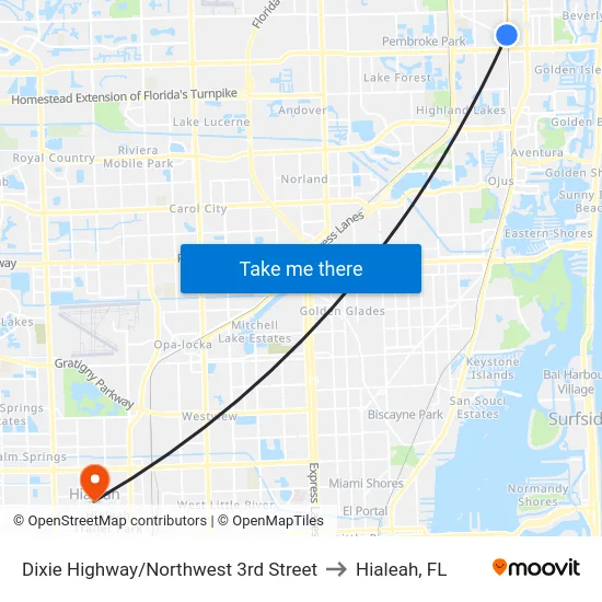 Dixie Highway/Northwest 3rd Street to Hialeah, FL map