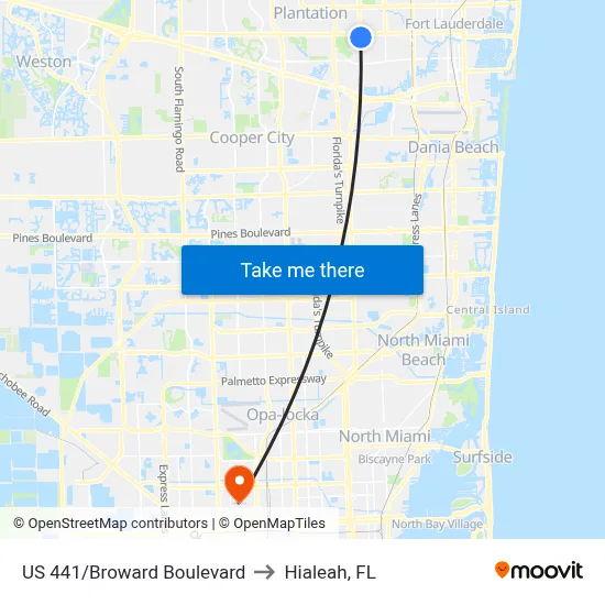 US 441/Broward Boulevard to Hialeah, FL map