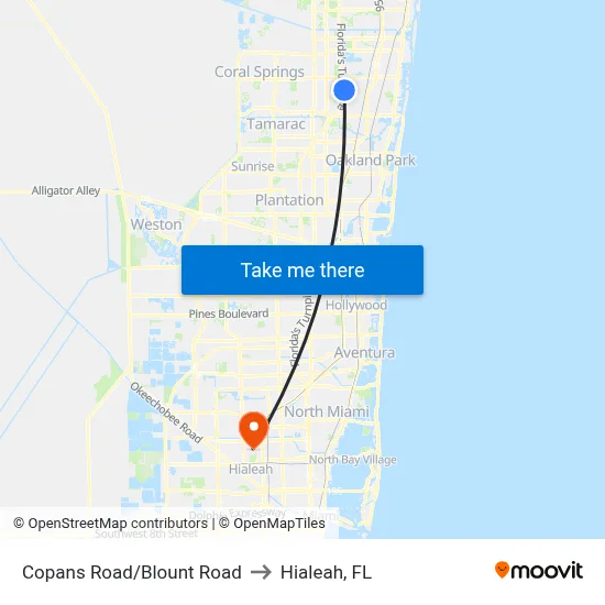 Copans Road/Blount Road to Hialeah, FL map