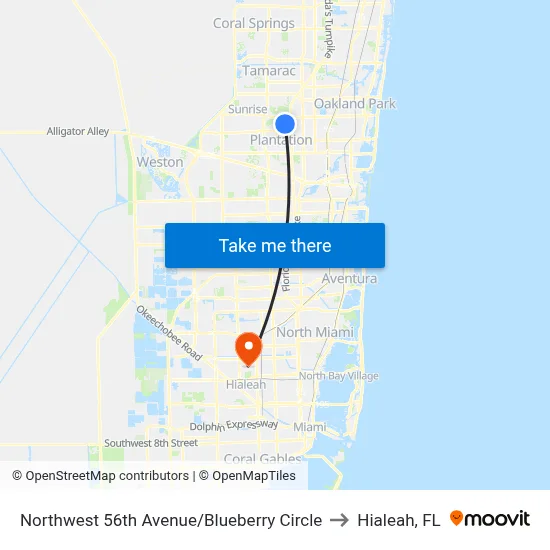 Northwest 56th Avenue/Blueberry Circle to Hialeah, FL map