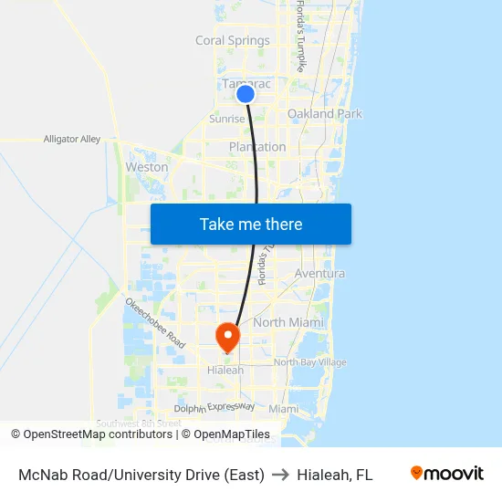 McNab Road/University Drive (East) to Hialeah, FL map