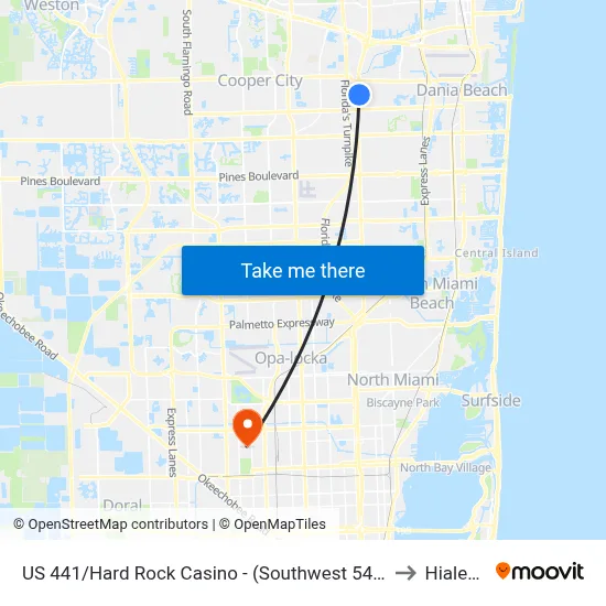 US 441/Hard Rock Casino - (Southwest 54th Street/Lucky Street) to Hialeah, FL map