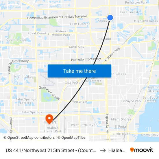 US 441/Northwest 215th Street - (County Line Road) to Hialeah, FL map