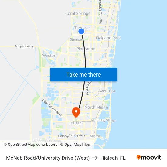McNab Road/University Drive (West) to Hialeah, FL map