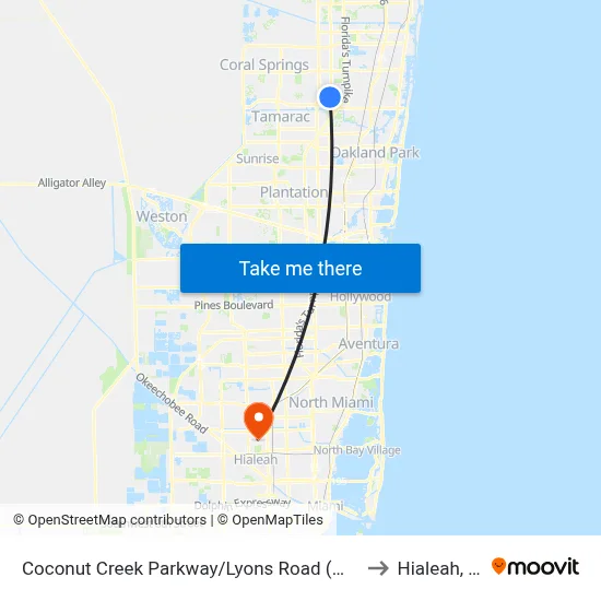 Coconut Creek Parkway/Lyons Road (West) to Hialeah, FL map