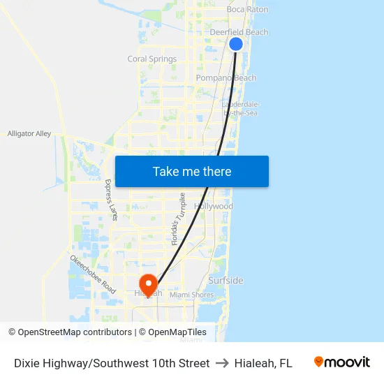 Dixie Highway/Southwest 10th Street to Hialeah, FL map