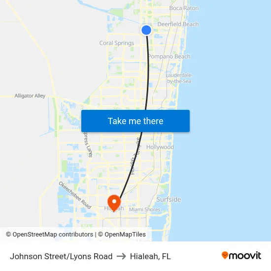 Johnson Street/Lyons Road to Hialeah, FL map