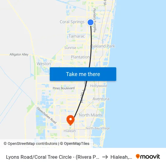 Lyons Road/Coral Tree Circle - (Rivera Palms) to Hialeah, FL map