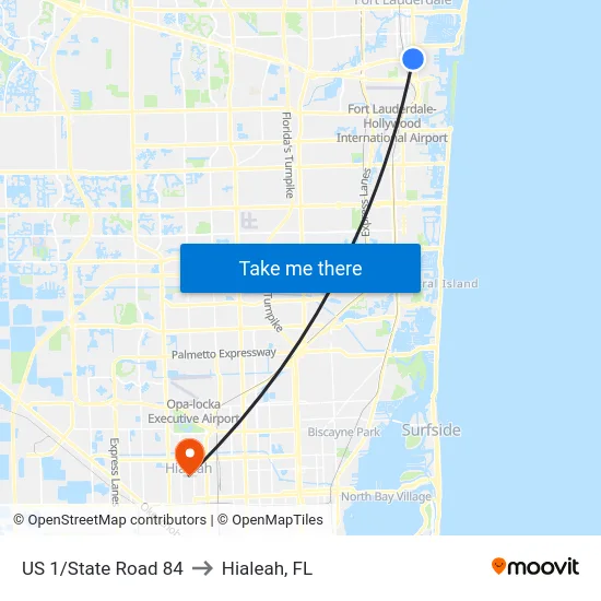 US 1/State Road 84 to Hialeah, FL map