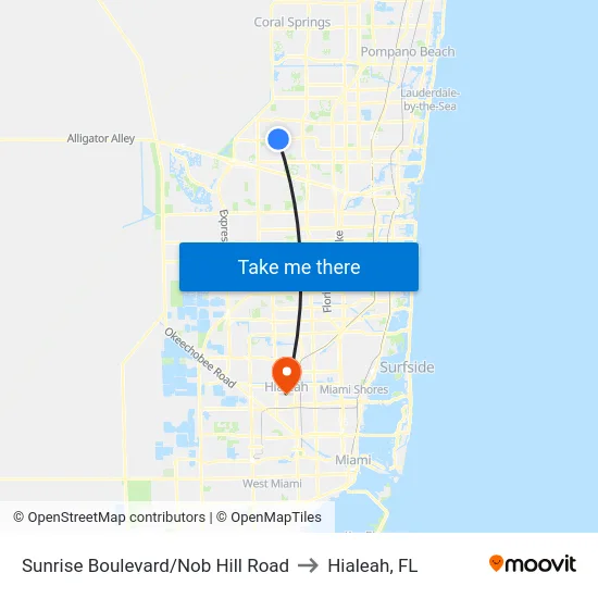 Sunrise Boulevard/Nob Hill Road to Hialeah, FL map