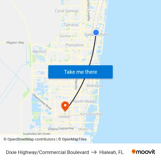 Dixie Highway/Commercial Boulevard to Hialeah, FL map