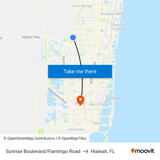 Sunrise Boulevard/Flamingo Road to Hialeah, FL map