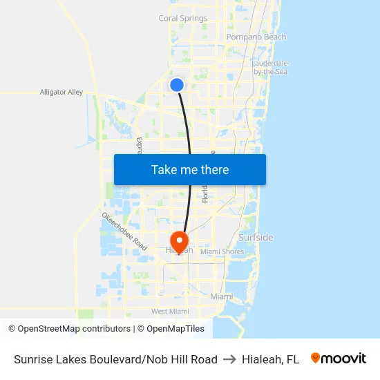 Sunrise Lakes Boulevard/Nob Hill Road to Hialeah, FL map