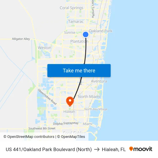 US 441/Oakland Park Boulevard (North) to Hialeah, FL map