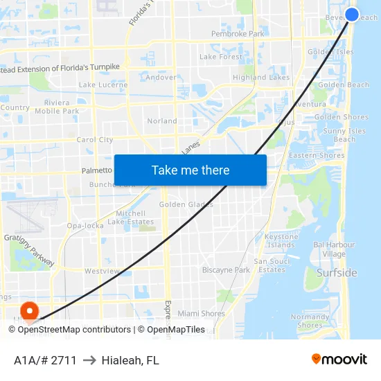 A1A/# 2711 to Hialeah, FL map