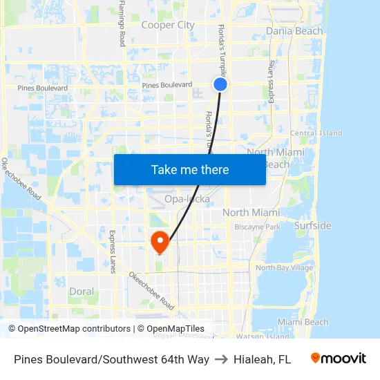 Pines Boulevard/Southwest 64th Way to Hialeah, FL map