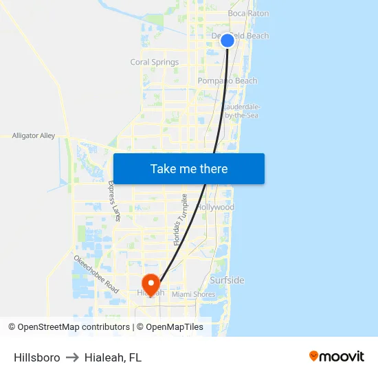 Hillsboro to Hialeah, FL map