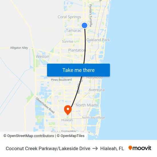 Coconut Creek Parkway/Lakeside Drive to Hialeah, FL map