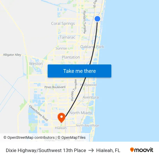 Dixie Highway/Southwest 13th Place to Hialeah, FL map