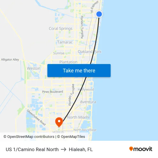 US 1/Camino Real North to Hialeah, FL map