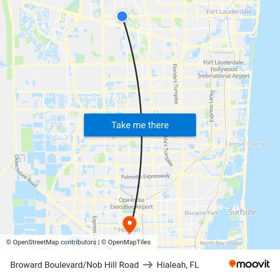 Broward Boulevard/Nob Hill Road to Hialeah, FL map