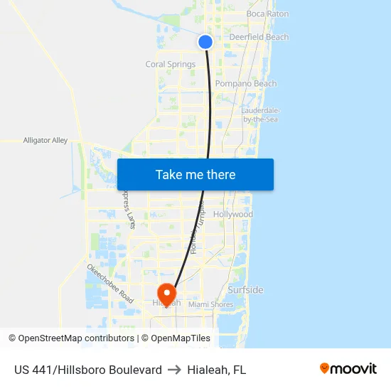US 441/Hillsboro Boulevard to Hialeah, FL map