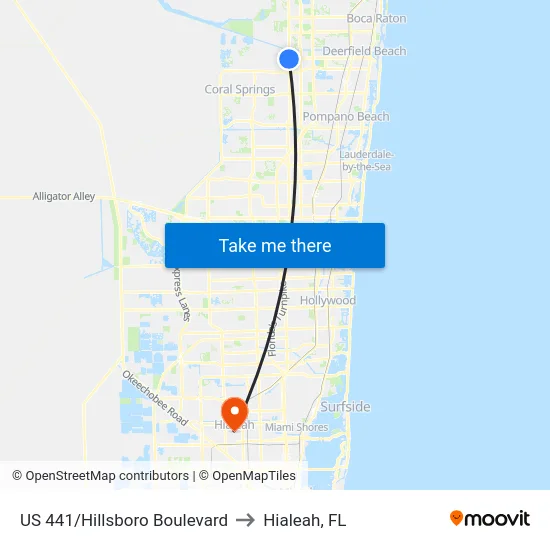 US 441/Hillsboro Boulevard to Hialeah, FL map