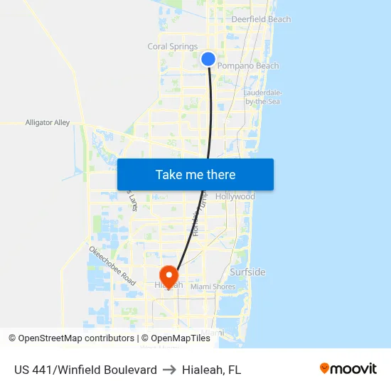 US 441/Winfield Boulevard to Hialeah, FL map