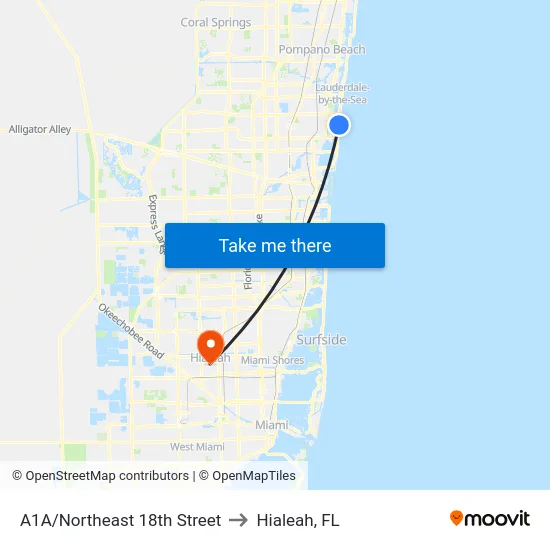 A1A/Northeast 18th Street to Hialeah, FL map