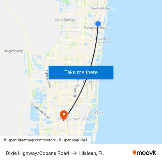 Dixie Highway/Copans Road to Hialeah, FL map