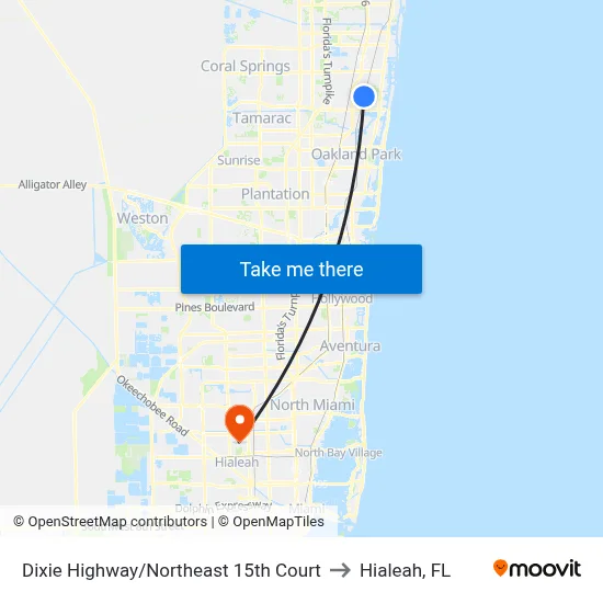 Dixie Highway/Northeast 15th Court to Hialeah, FL map