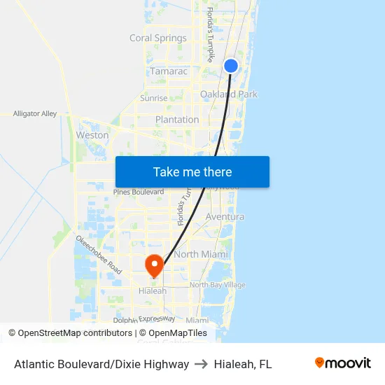Atlantic Boulevard/Dixie Highway to Hialeah, FL map