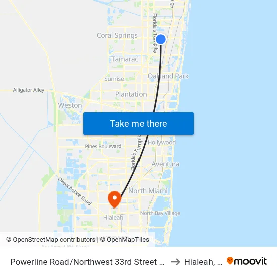 Powerline Road/Northwest 33rd Street South to Hialeah, FL map