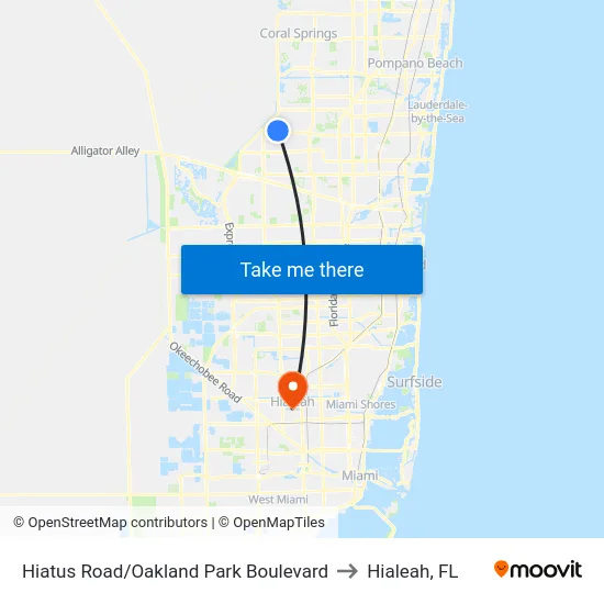 Hiatus Road/Oakland Park Boulevard to Hialeah, FL map