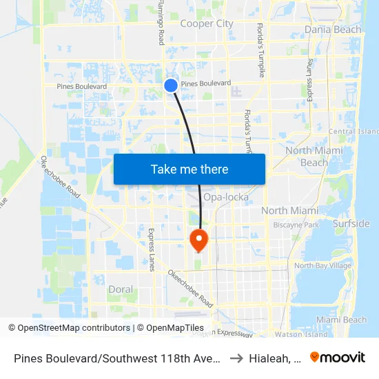 Pines Boulevard/Southwest 118th Avenue to Hialeah, FL map