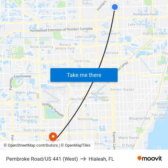 Pembroke Road/US 441 (West) to Hialeah, FL map