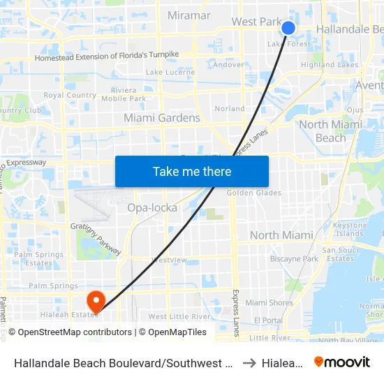 Hallandale Beach Boulevard/Southwest 40th Avenue to Hialeah, FL map