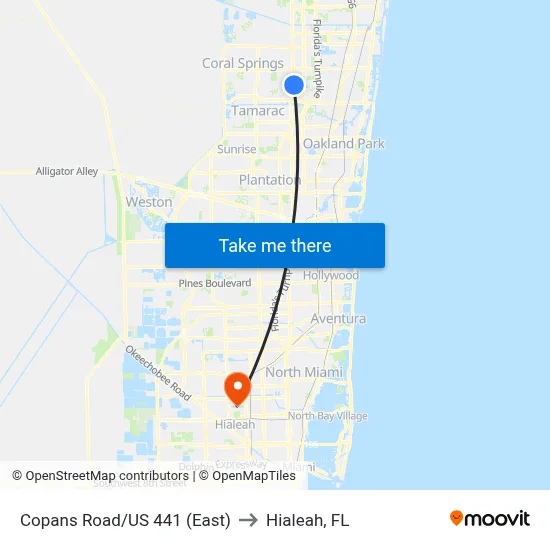 Copans Road/US 441 (East) to Hialeah, FL map
