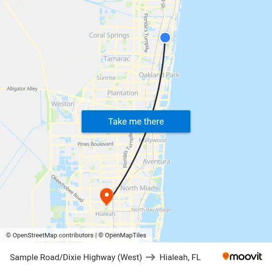 Sample Road/Dixie Highway (West) to Hialeah, FL map