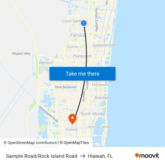 Sample Road/Rock Island Road to Hialeah, FL map