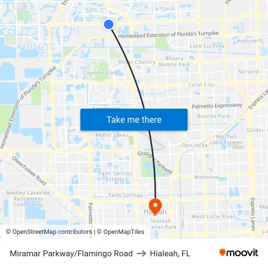 Miramar Parkway/Flamingo Road to Hialeah, FL map