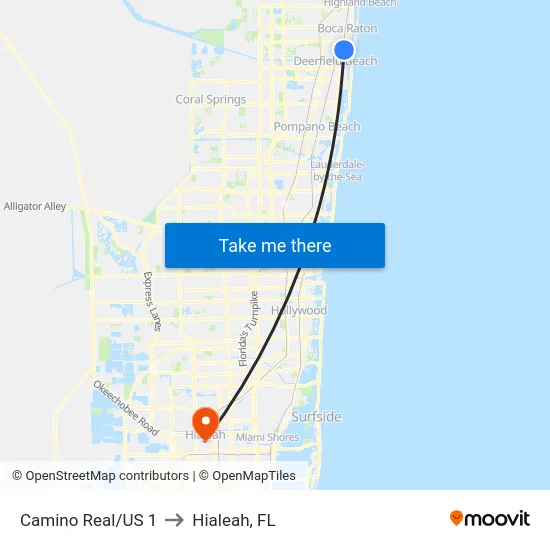 Camino Real/US 1 to Hialeah, FL map