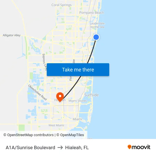 A1A/Sunrise Boulevard to Hialeah, FL map