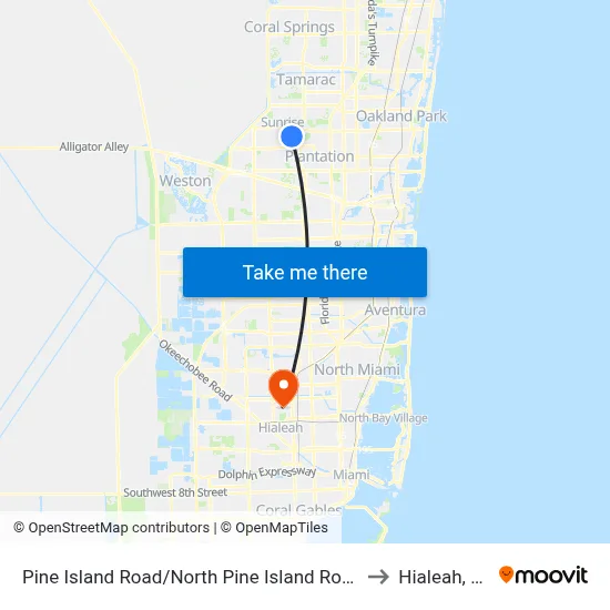 Pine Island Road/North Pine Island Road to Hialeah, FL map
